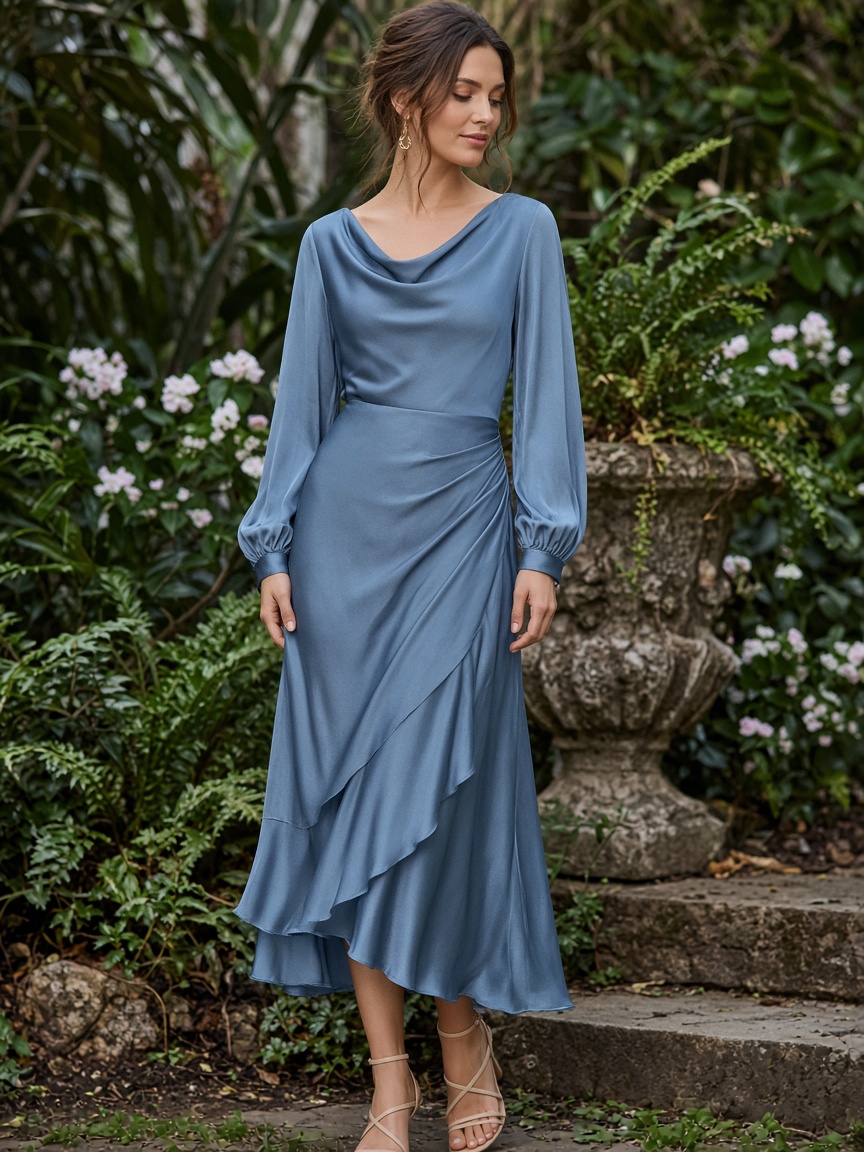 Aurelia Silk Midi Dress by Luna Atelier Draped midi in Dusty Blue, available to rent