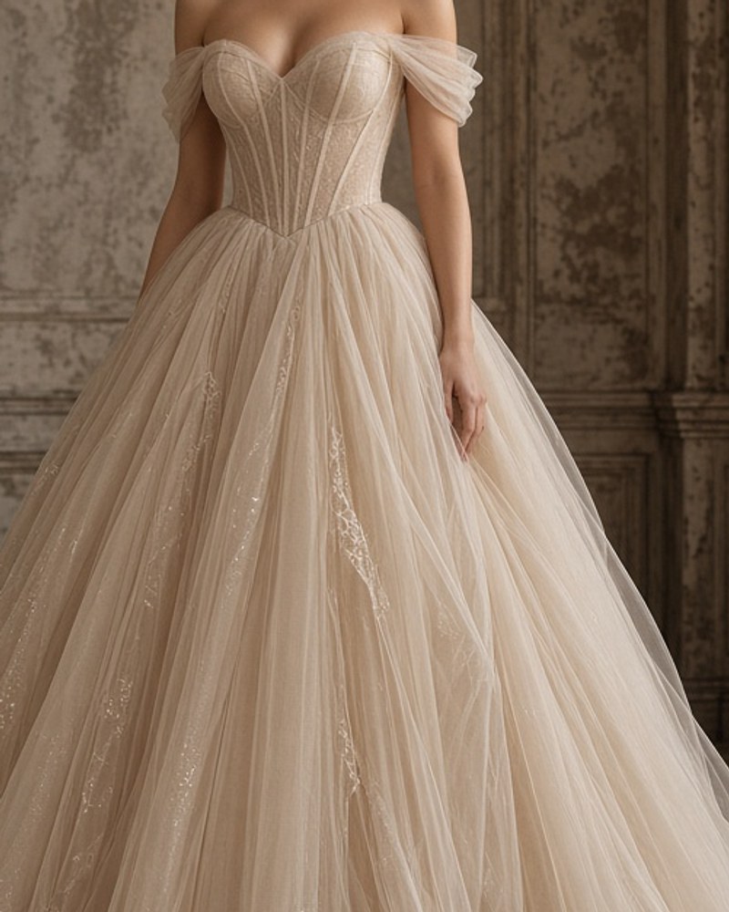 Aurelia Tulle Ball Gown by Maison Aurelia Ball gown in Champagne, available to rent