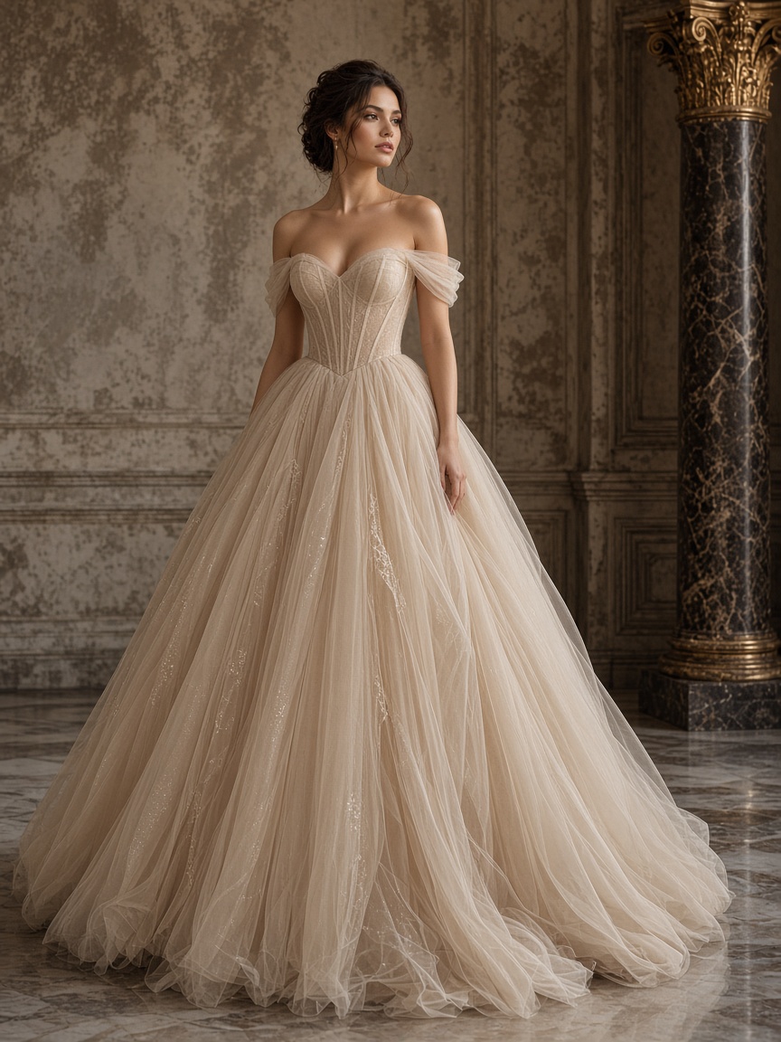 Aurelia Tulle Ball Gown by Maison Aurelia Ball gown in Champagne, available to rent