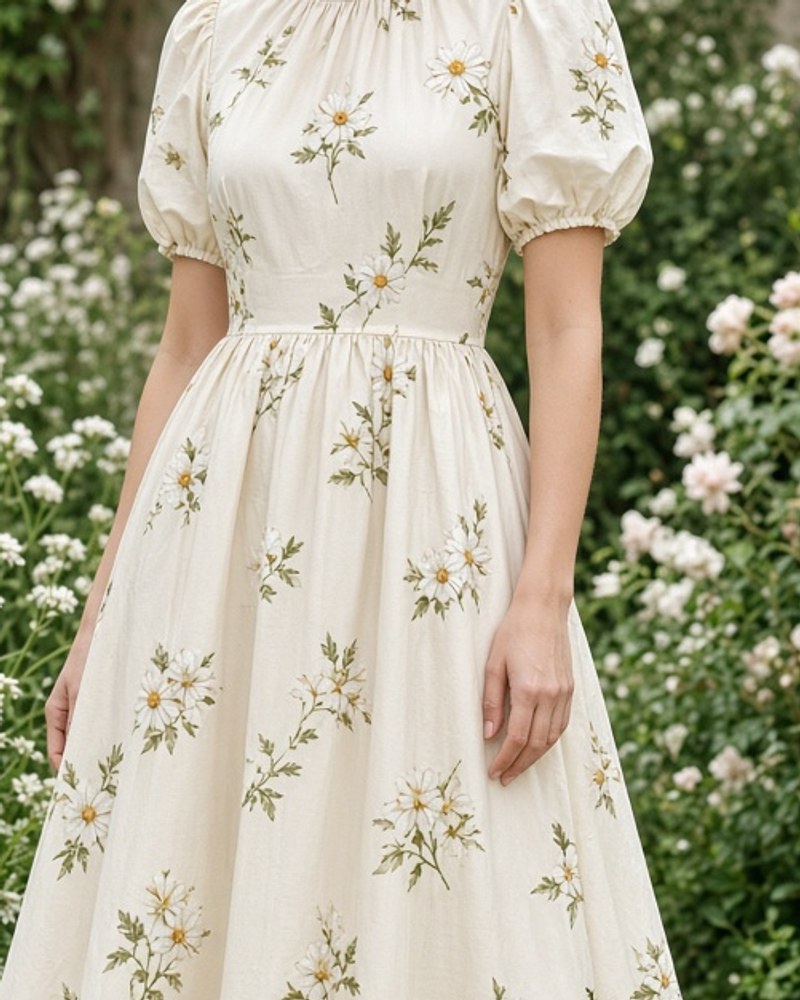 Briar Daisy Tea Midi by Briar & Wren A-line floral midi in Daisy Ivory, available to rent