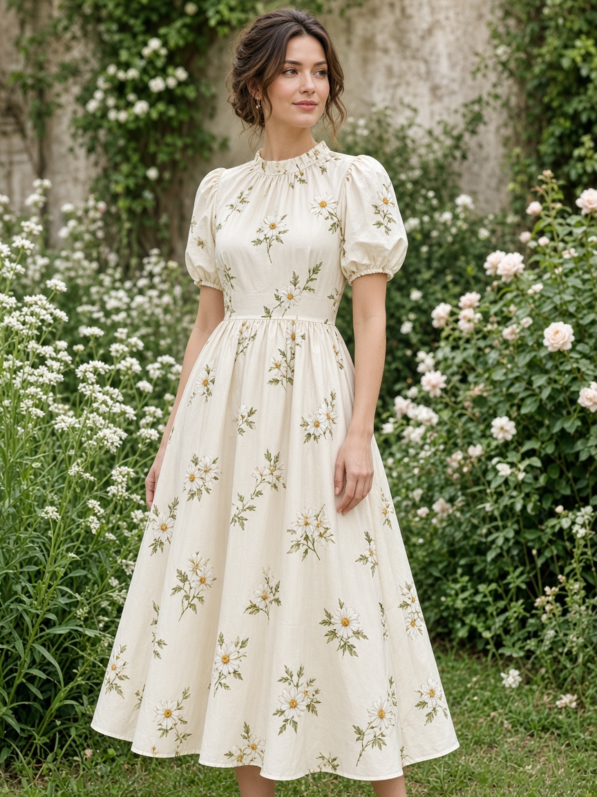 Briar Daisy Tea Midi by Briar & Wren A-line floral midi in Daisy Ivory, available to rent