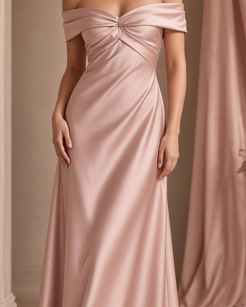 Camille Off-Shoulder Gown by Maison Aurelia Off-shoulder gown in Blush, available to rent