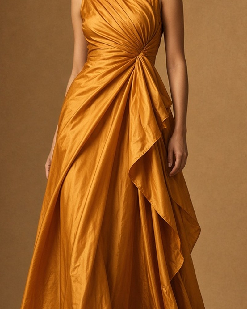 Elara Saffron Draped Maxi by Elara Studio Draped maxi in Saffron, available to rent