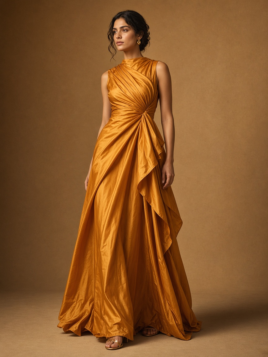 Elara Saffron Draped Maxi by Elara Studio Draped maxi in Saffron, available to rent
