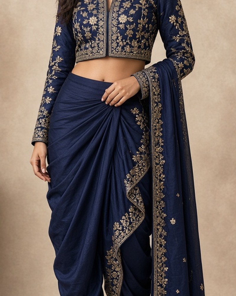 Indra Navy Dhoti Ethnic Set by Indra Cape Studio Indo-western dhoti set in Navy, available to rent