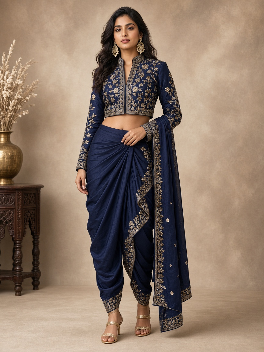 Indra Navy Dhoti Ethnic Set by Indra Cape Studio Indo-western dhoti set in Navy, available to rent