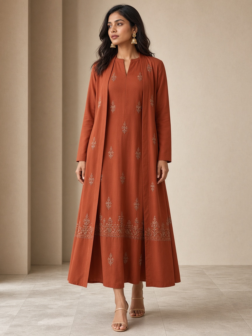 Indra Fusion Midi Set by Indra Cape Studio Indo-western midi set in Rust, available to rent