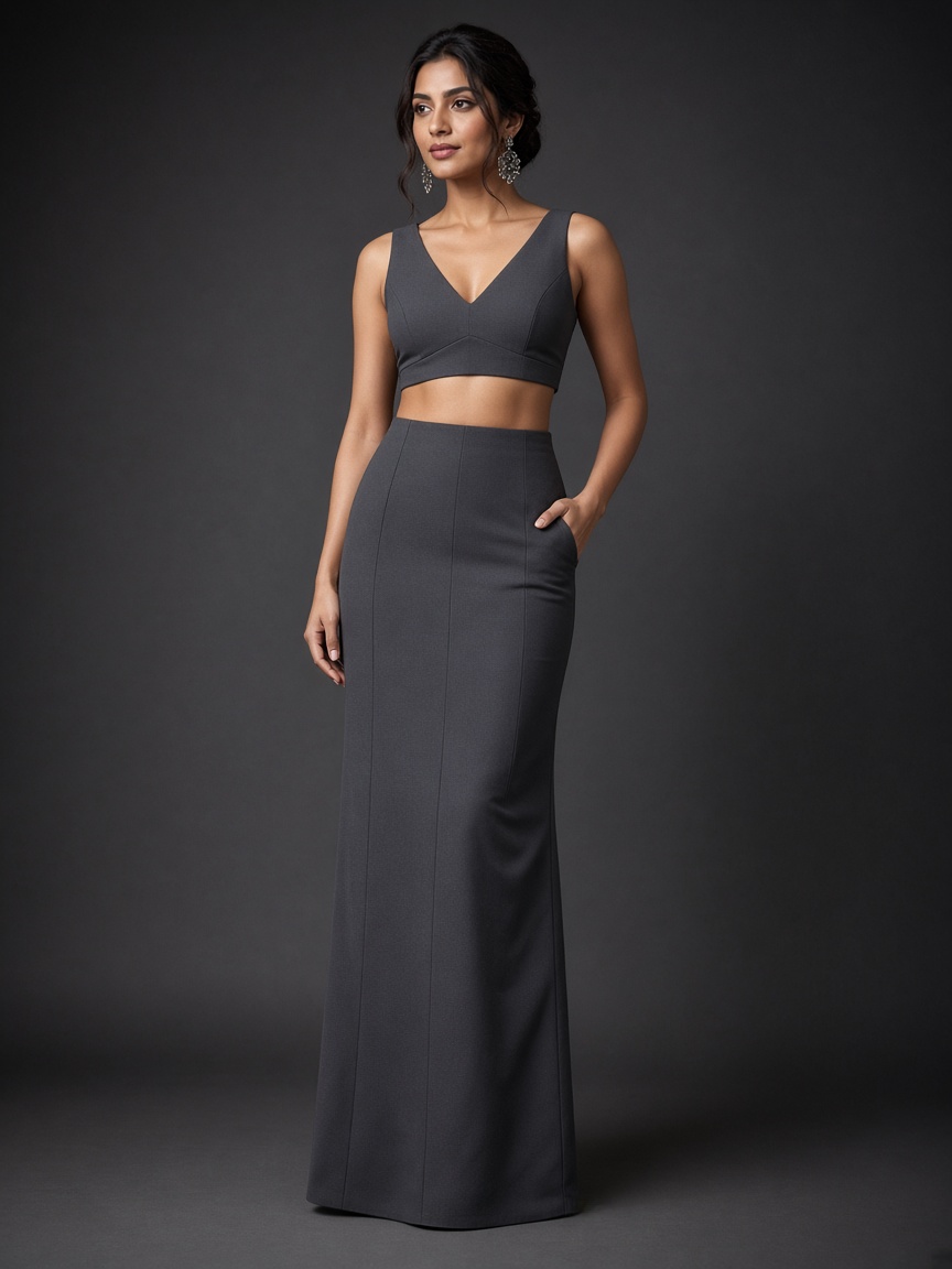 Indra Graphite Cocktail Lehenga by Indra Cape Studio Slim cocktail lehenga in Graphite, available to rent