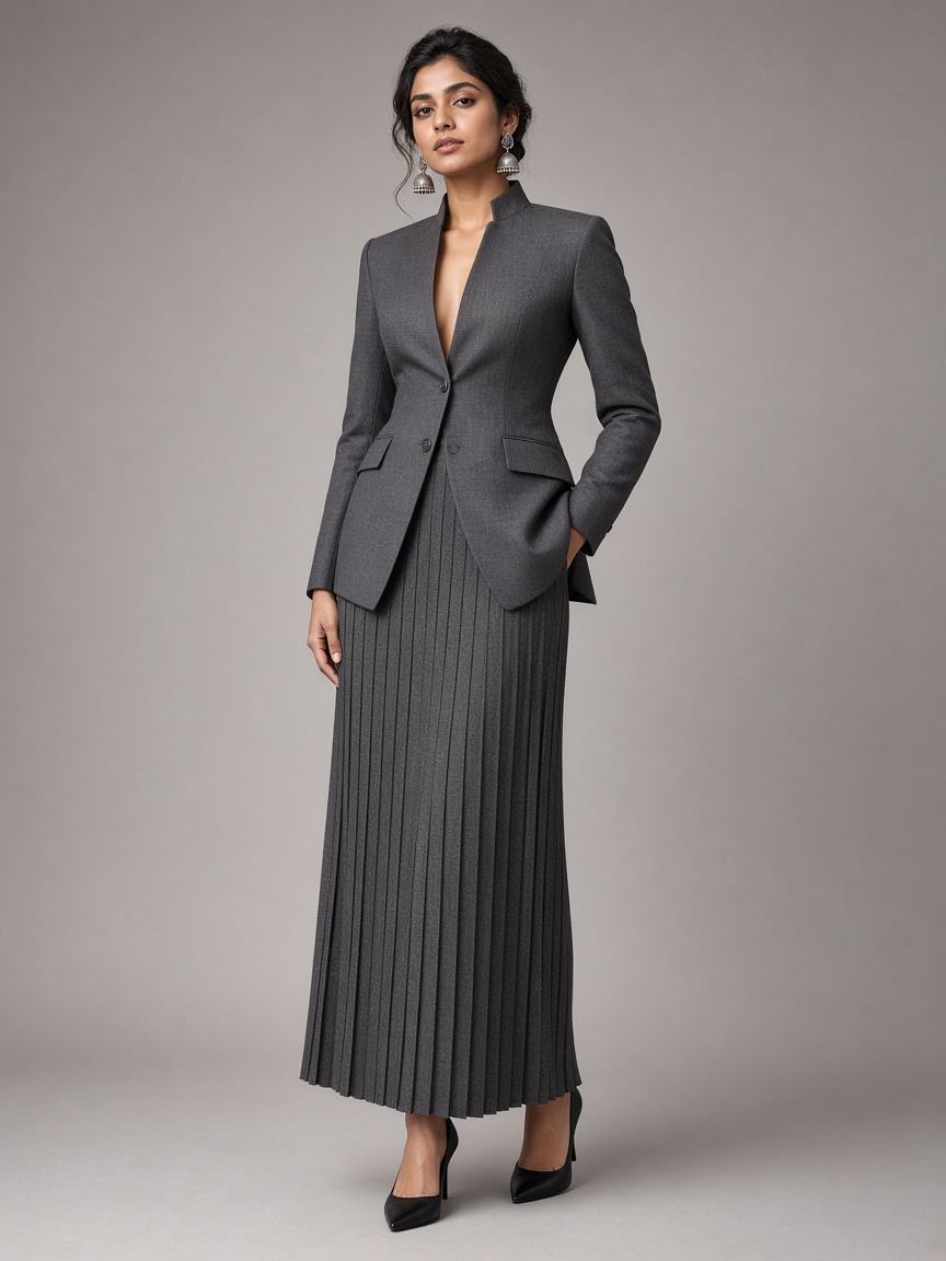 Indra Structured Jacket Lehenga by Indra Cape Studio Jacket lehenga in Graphite, available to rent