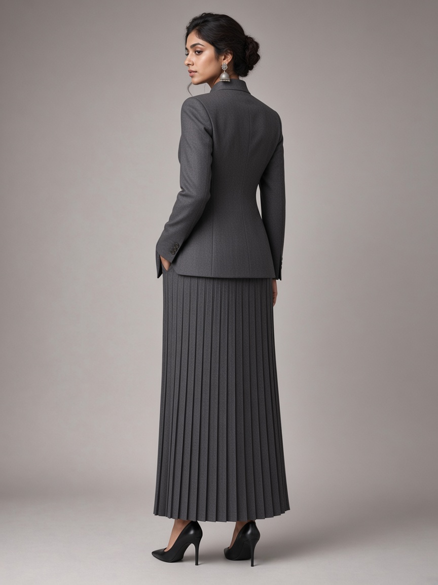 Indra Structured Jacket Lehenga by Indra Cape Studio Jacket lehenga in Graphite, available to rent