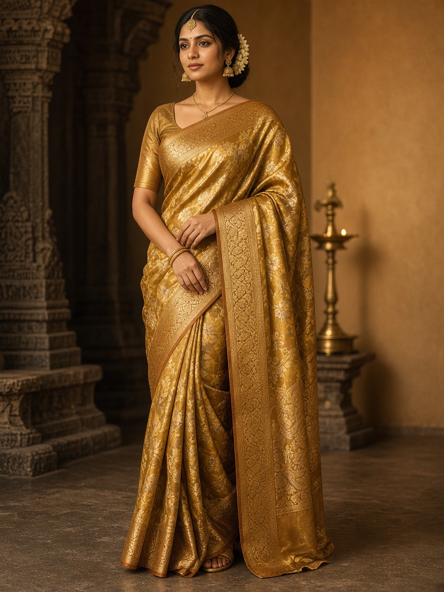 Kaveri Banarasi Gold Saree by Kaveri Loom Silk saree in Antique Gold, available to rent