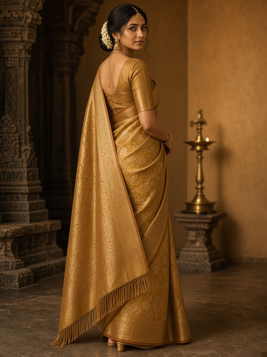 Kaveri Banarasi Gold Saree by Kaveri Loom Silk saree in Antique Gold, available to rent