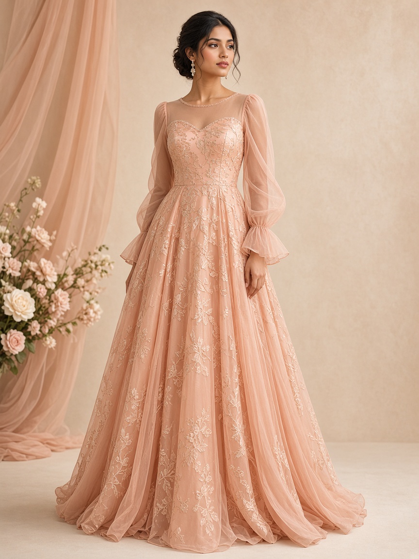 Kaveri Peach Brocade Engagement Gown by Kaveri Loom Engagement gown in Peach, available to rent