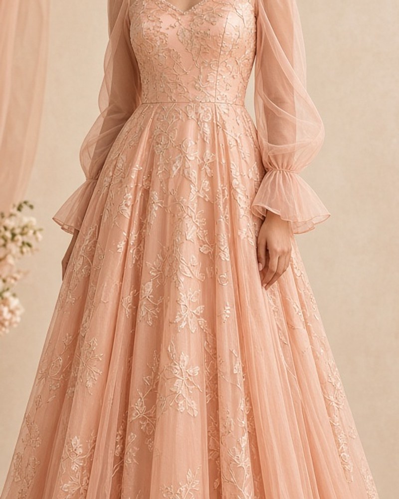 Kaveri Peach Brocade Engagement Gown by Kaveri Loom Engagement gown in Peach, available to rent