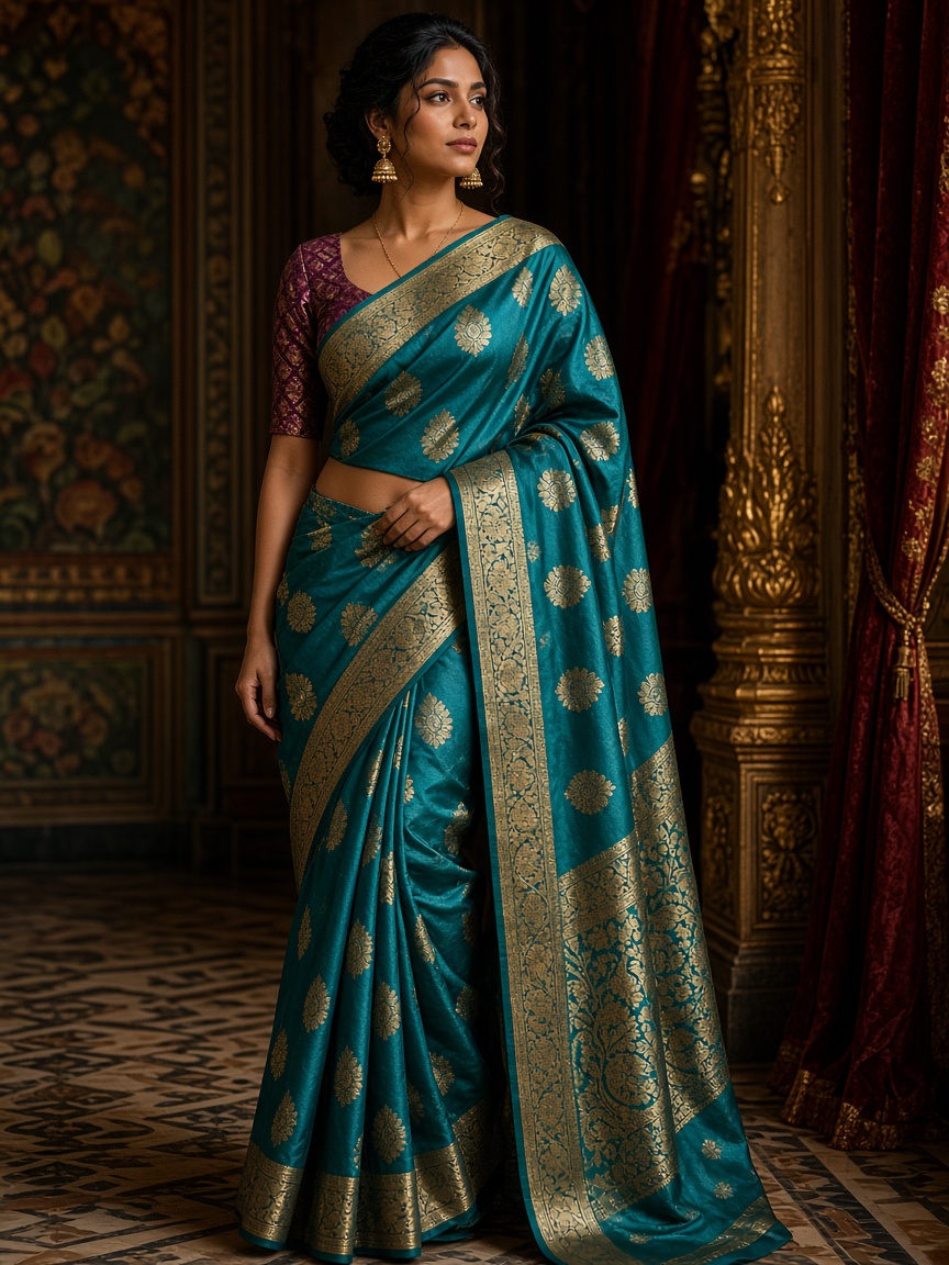 Kaveri Teal Brocade Saree by Kaveri Loom Brocade saree in Teal, available to rent