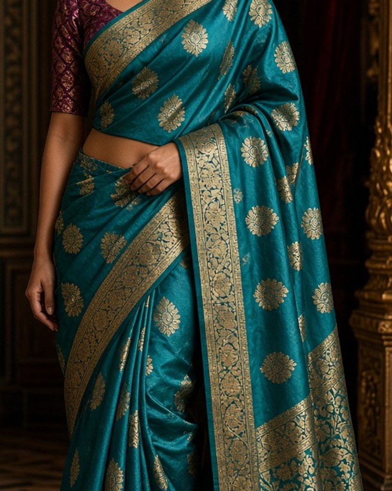 Kaveri Teal Brocade Saree by Kaveri Loom Brocade saree in Teal, available to rent