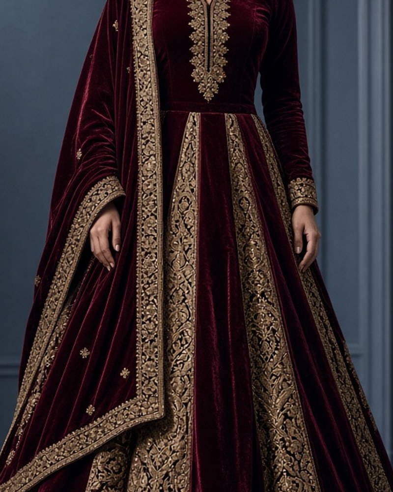 Kaveri Wine Velvet Lehenga by Kaveri Loom Velvet lehenga in Wine, available to rent