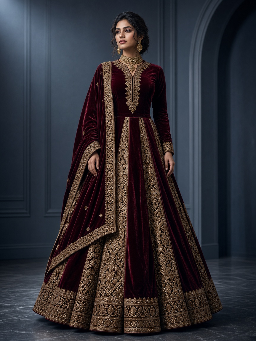 Kaveri Wine Velvet Lehenga by Kaveri Loom Velvet lehenga in Wine, available to rent