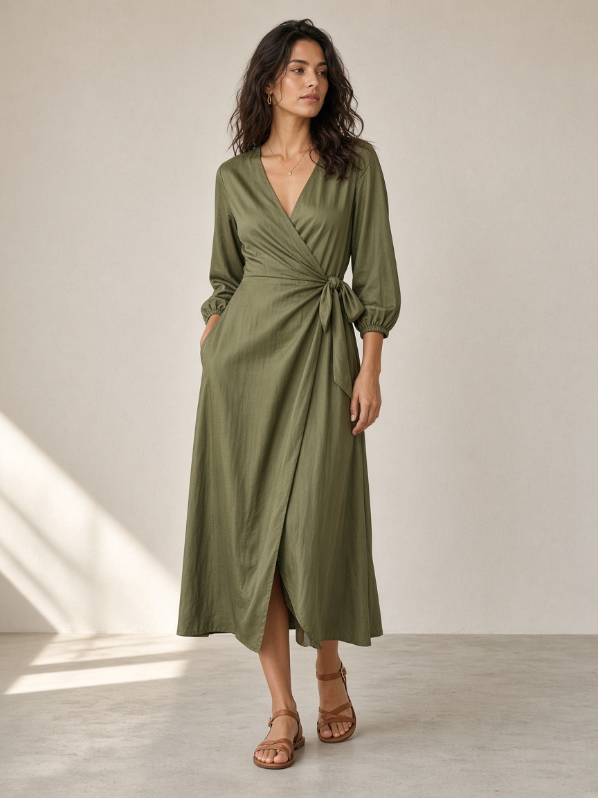 Luna Wrap Midi by Luna Atelier Wrap midi in Olive, available to rent