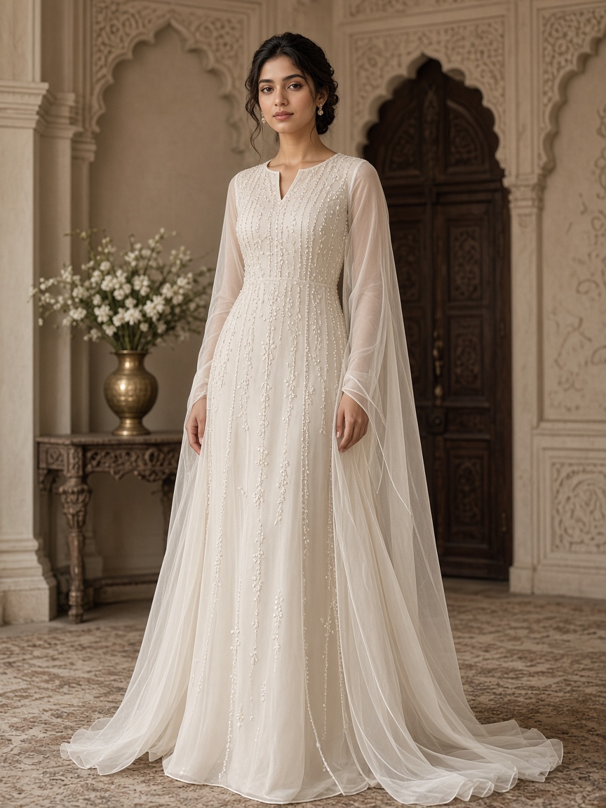 Maahi Ivory Embroidered Ethnic Gown by Maahi Occasions Ethnic column gown in Ivory, available to rent