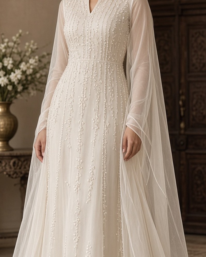 Maahi Ivory Embroidered Ethnic Gown by Maahi Occasions Ethnic column gown in Ivory, available to rent