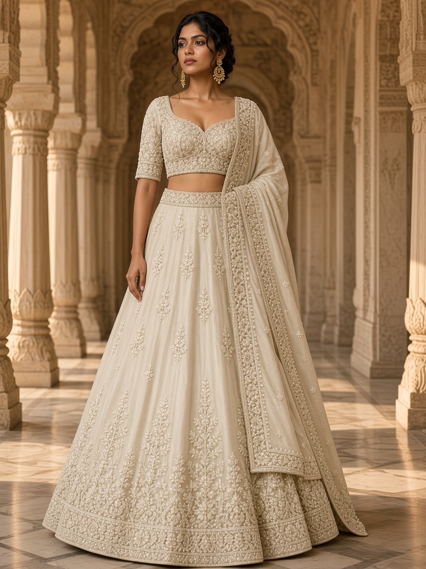 Maahi Ivory Pearl Lehenga by Maahi Occasions Engagement lehenga in Ivory, available to rent