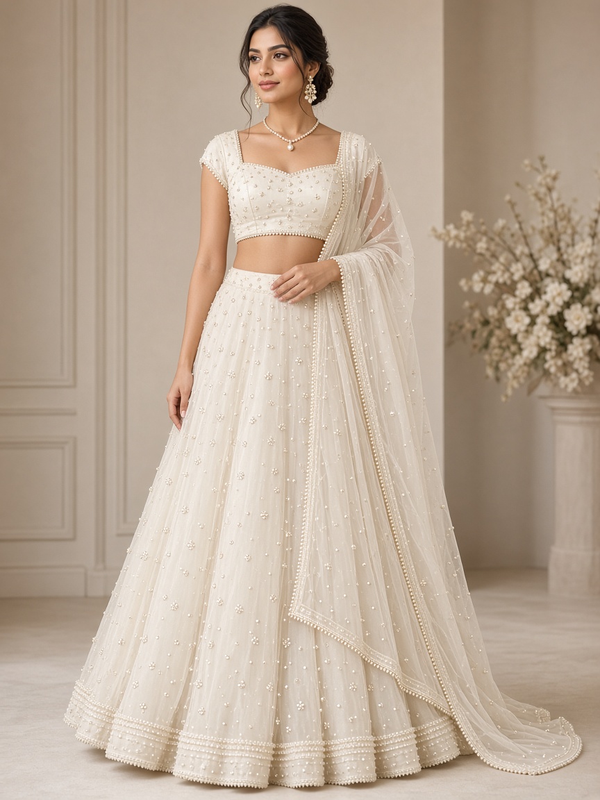 Maahi Ivory Pearl Lehenga by Maahi Occasions Engagement lehenga in Ivory, available to rent