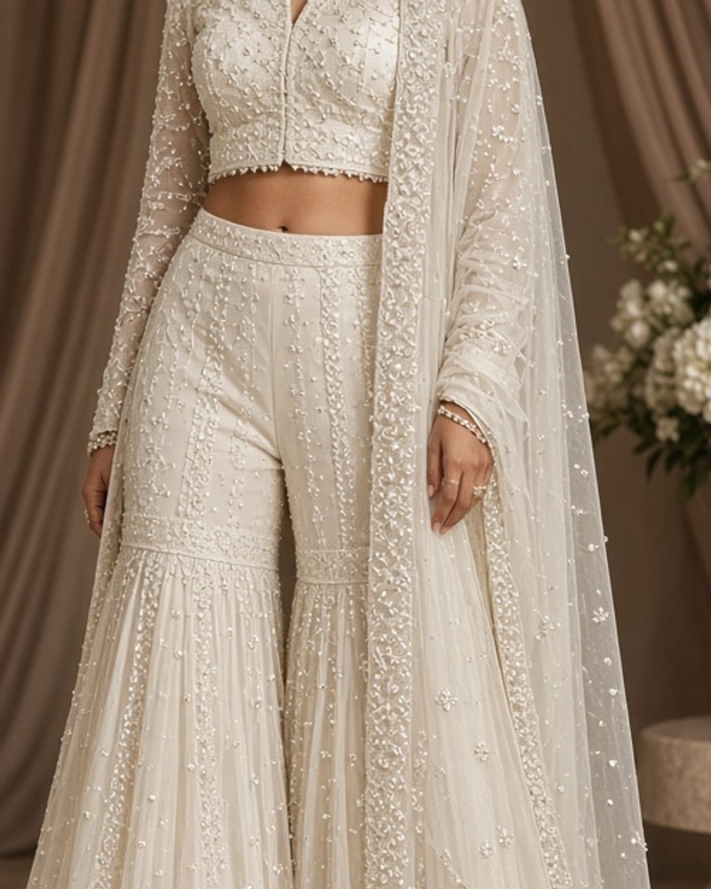 Maahi Ivory Pearl Sharara by Maahi Occasions Jacket sharara in Ivory, available to rent