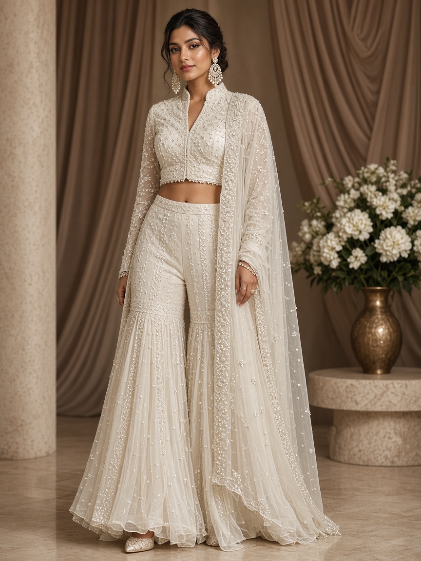 Maahi Ivory Pearl Sharara by Maahi Occasions Jacket sharara in Ivory, available to rent