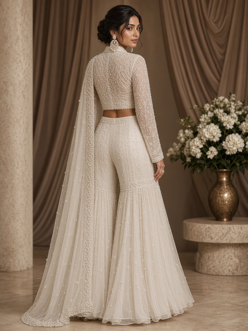 Maahi Ivory Pearl Sharara by Maahi Occasions Jacket sharara in Ivory, available to rent