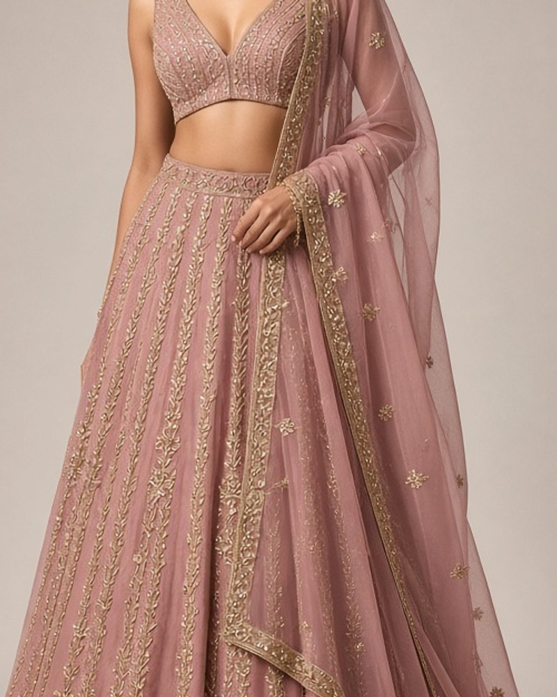 Meher Dust Contemporary Lehenga by Atelier Meher Contemporary lehenga in Dusty Rose, available to rent