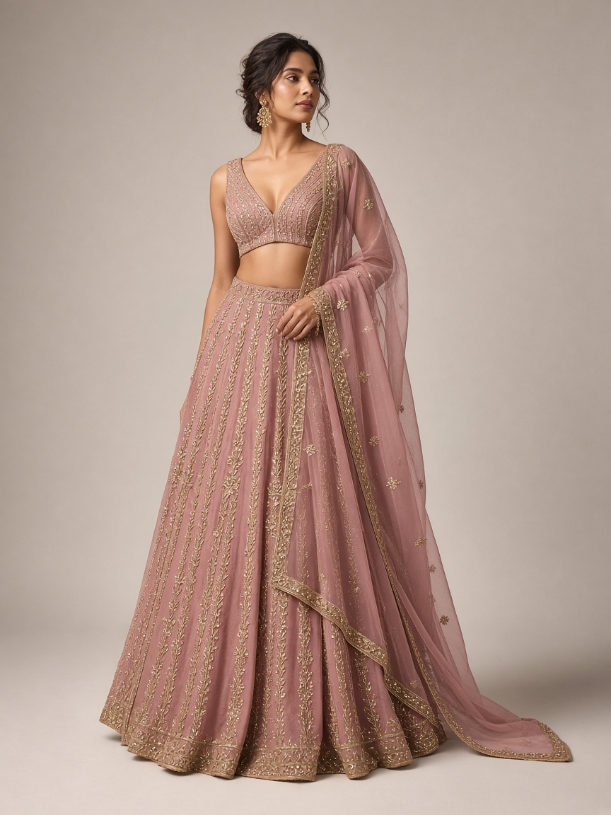 Meher Dust Contemporary Lehenga by Atelier Meher Contemporary lehenga in Dusty Rose, available to rent