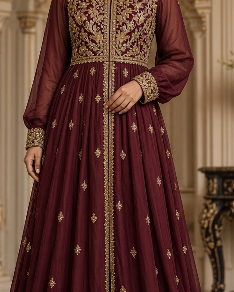 Meher Maroon Floor Ethnic Gown by Atelier Meher Traditional floor gown in Maroon, available to rent