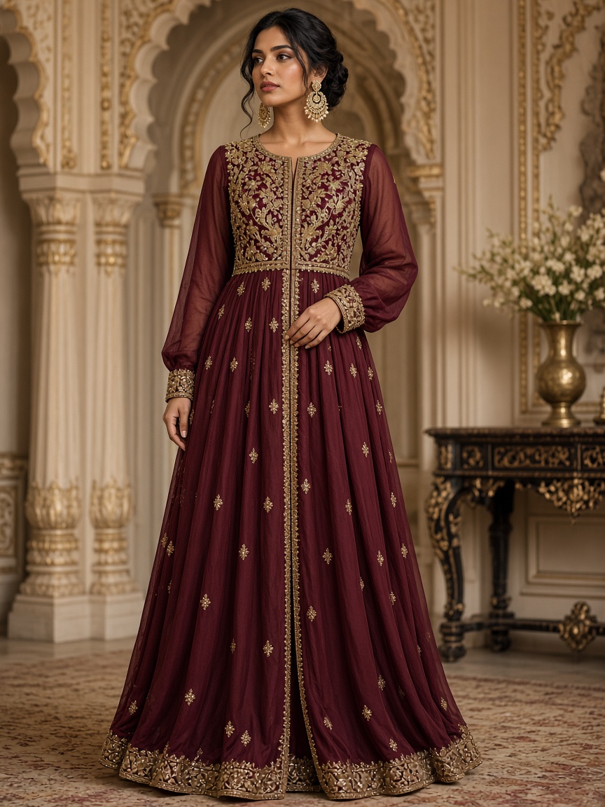 Meher Maroon Floor Ethnic Gown by Atelier Meher Traditional floor gown in Maroon, available to rent