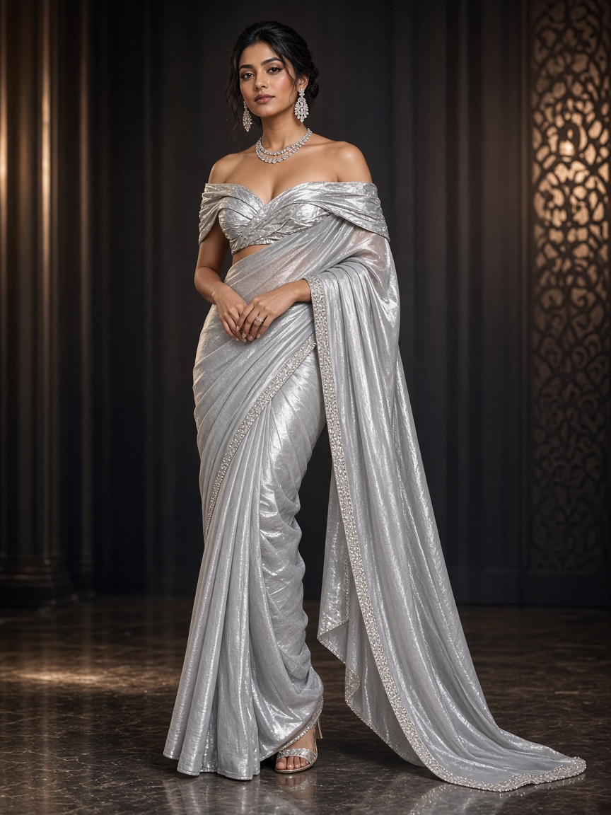 Meher Silver Tissue Saree by Atelier Meher Tissue saree in Silver, available to rent