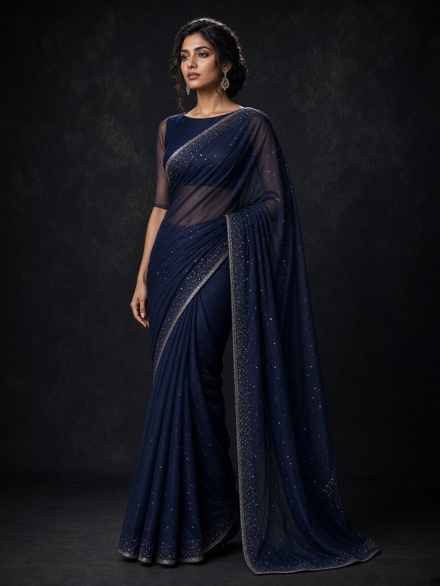 Nayantara Midnight Chiffon Saree by House of Nayantara Chiffon saree in Midnight, available to rent