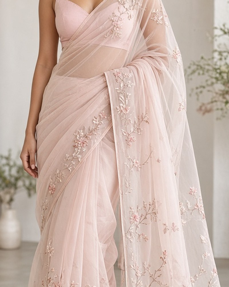 Nayantara Organza Blush Saree by House of Nayantara Organza saree in Blush, available to rent
