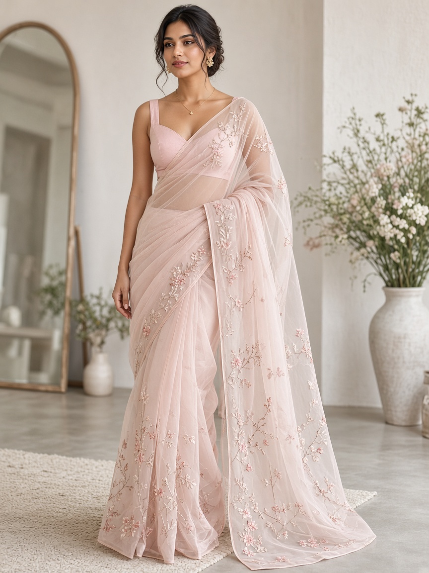 Nayantara Organza Blush Saree by House of Nayantara Organza saree in Blush, available to rent