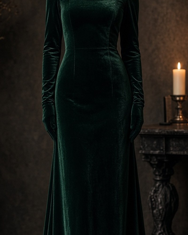 Noelle Velvet Gown by Veloura Velvet column gown in Forest, available to rent