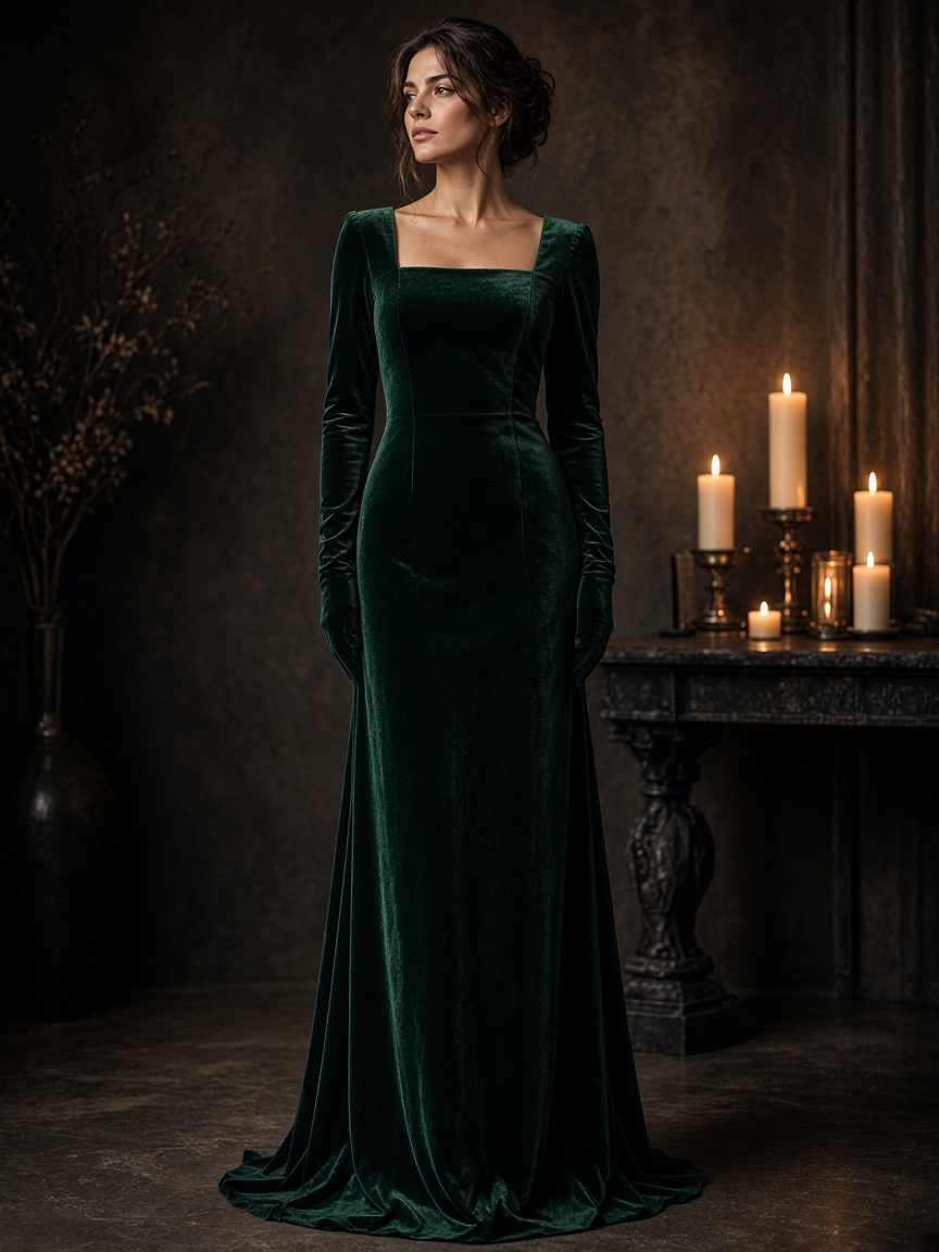 Noelle Velvet Gown by Veloura Velvet column gown in Forest, available to rent
