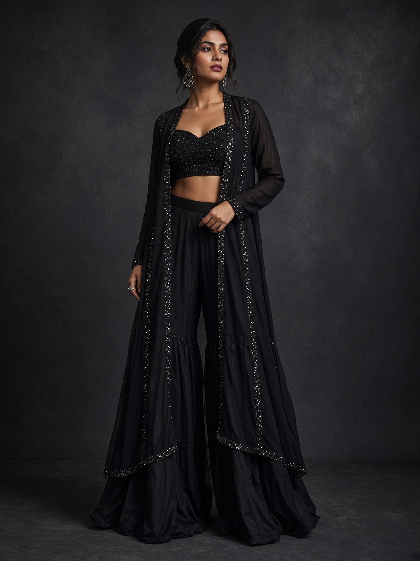 Noor Black Sequin-Trim Sharara by Noor by Isha Sharara set in Black, available to rent