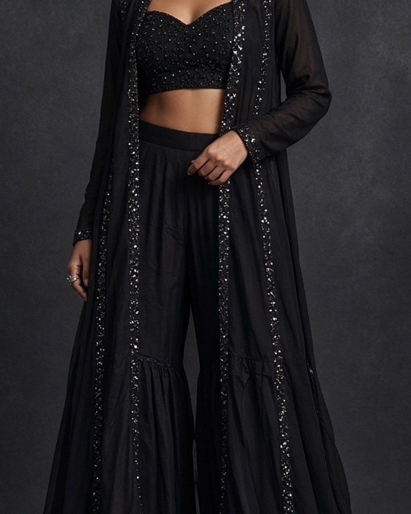 Noor Black Sequin-Trim Sharara by Noor by Isha Sharara set in Black, available to rent