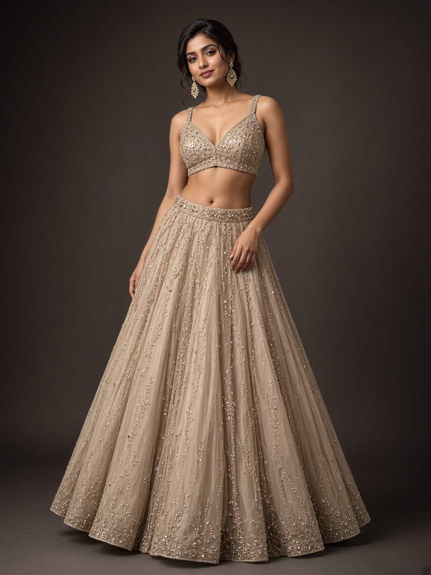 Noor Champagne Cocktail Lehenga by Noor by Isha Cocktail lehenga in Champagne, available to rent