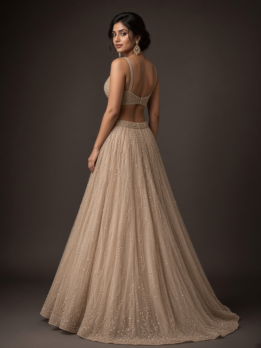 Noor Champagne Cocktail Lehenga by Noor by Isha Cocktail lehenga in Champagne, available to rent