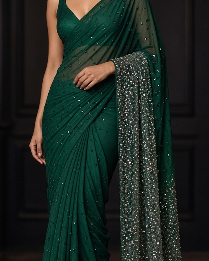 Noor Emerald Sequin Saree by Noor by Isha Sequin saree in Emerald, available to rent