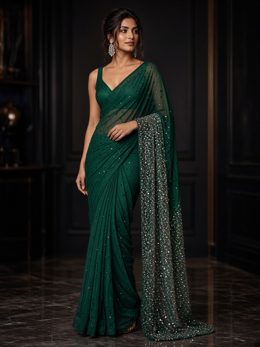 Noor Emerald Sequin Saree by Noor by Isha Sequin saree in Emerald, available to rent