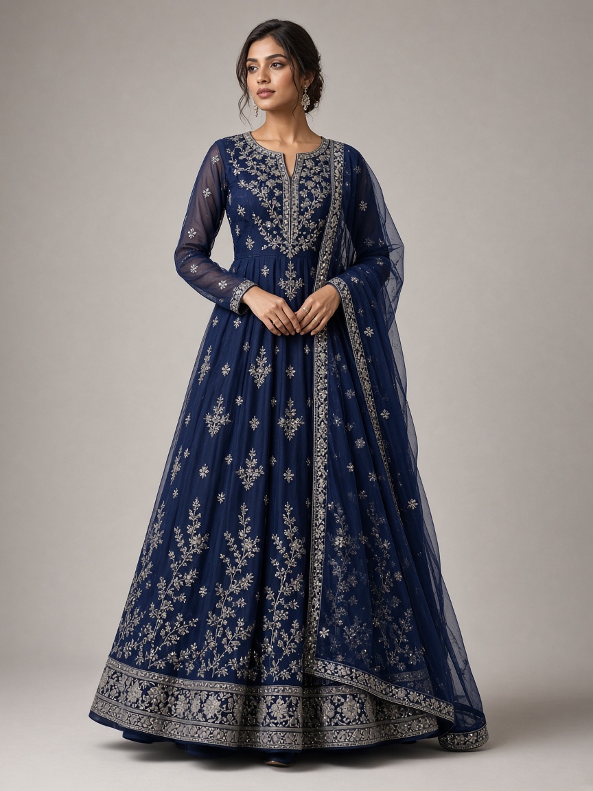 Noor Navy Floor Anarkali by Noor by Isha Floor-length Anarkali in Navy, available to rent