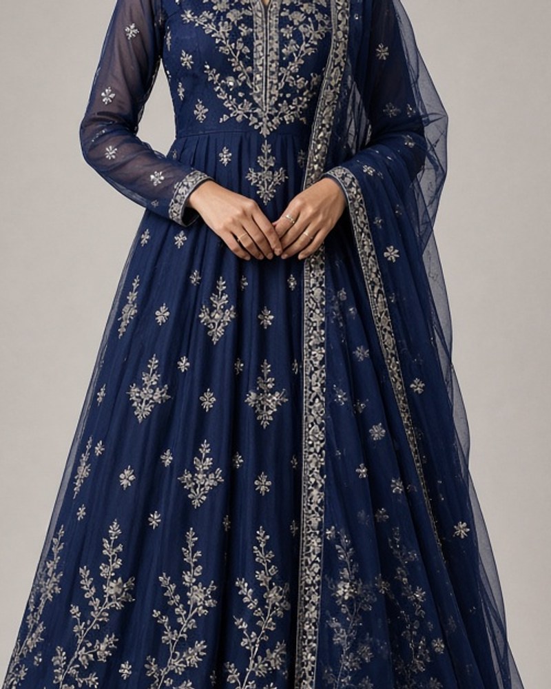 Noor Navy Floor Anarkali by Noor by Isha Floor-length Anarkali in Navy, available to rent