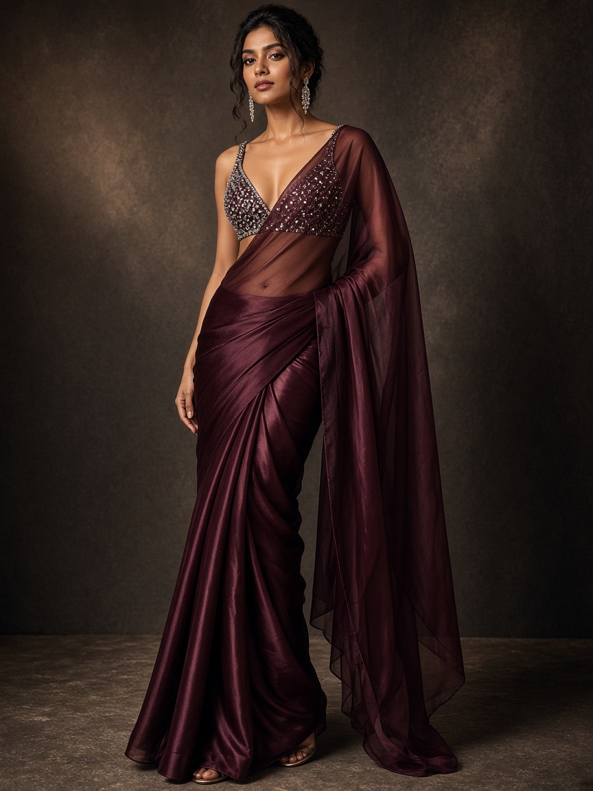 Noor Sari-Gown Hybrid by Noor by Isha Sari-gown hybrid in Wine, available to rent