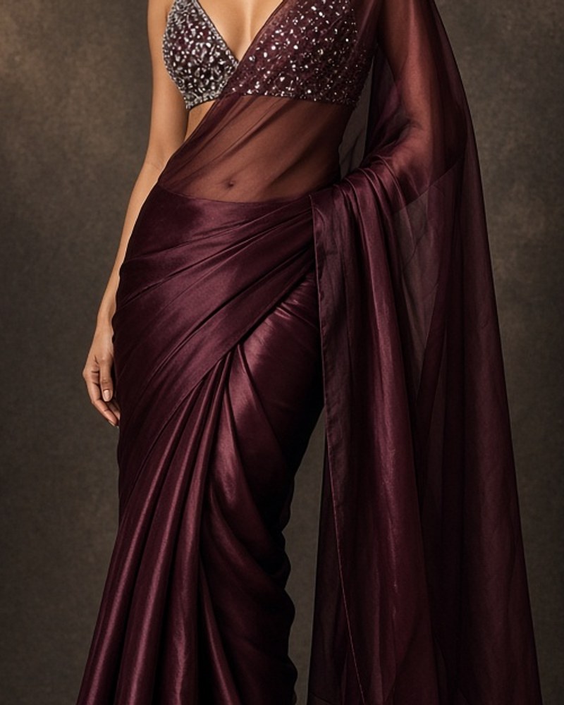 Noor Sari-Gown Hybrid by Noor by Isha Sari-gown hybrid in Wine, available to rent